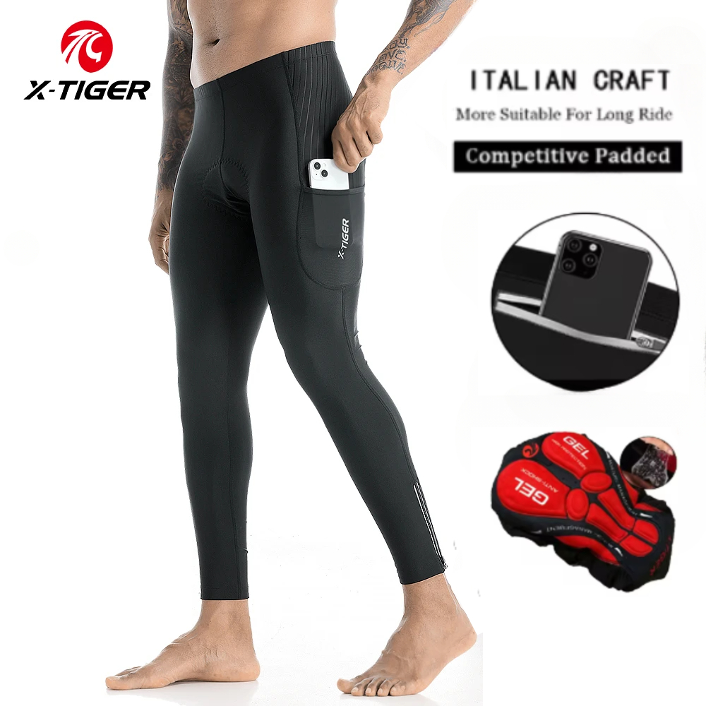 Mountain Biking Overalls - X-TIGER ผู้ชายขี่จักรยานกางเกงขายาวเจลเบาะจักรยาน Tights เลกกิ้งกลางแจ้งขี่จักรยานเสือภูเขาจักรยานกางเกงสองด้านขาซิป