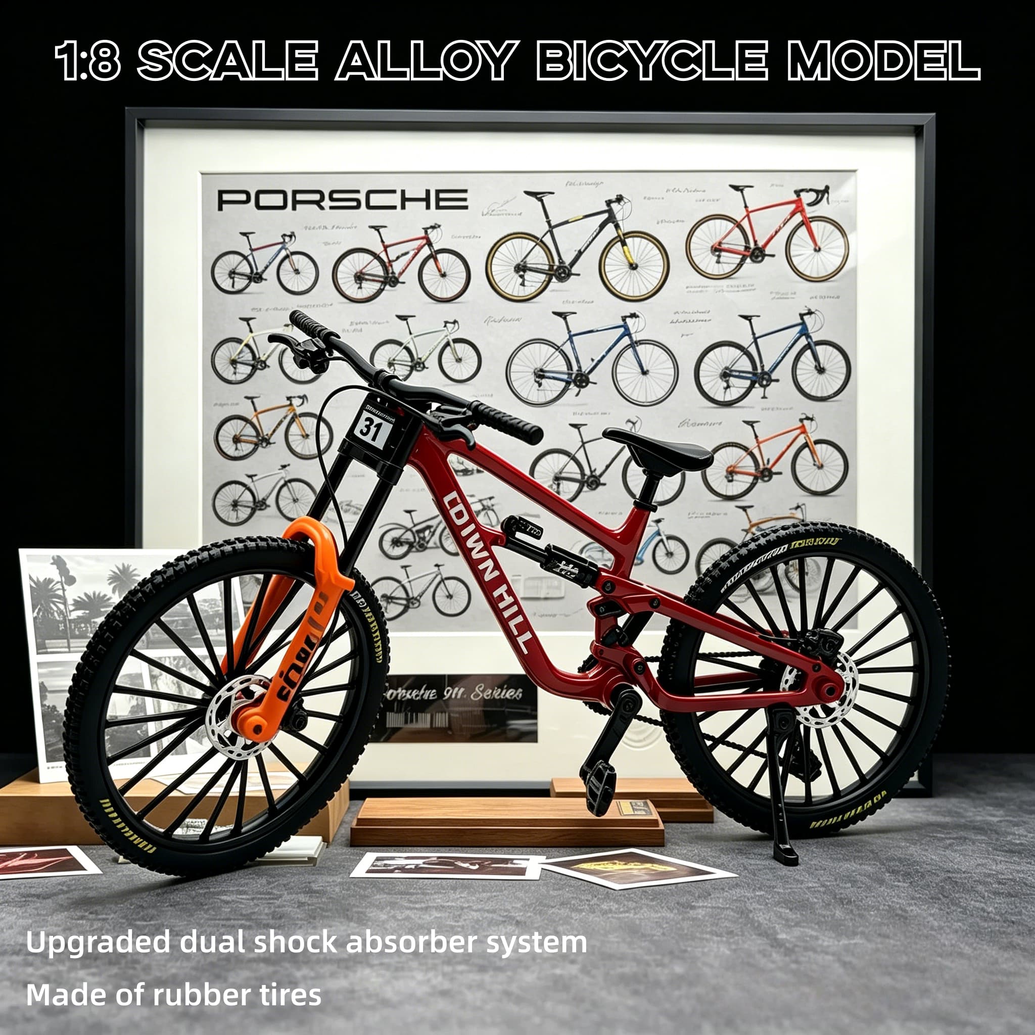 Mountain Biking Overalls - โมเดลจักรยานเสือภูเขาลงเขาอัลลอยด์ขนาด 1:8, แบบจำลองจักรยานระบบกันสะเทือนเต็มรูปแบบที่สมจริงพร้อมล้อที่สามารถเคลื่อนย้ายได้, จักรยานไดแคสต์ขนาดเล็ก